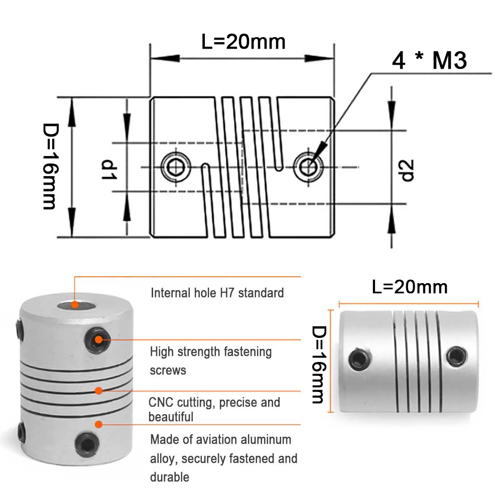 D16xL20 Aluminium Flexible Shaft Coupling Rigid 2 3mm 3.17 4 5mm 6mm 6.35mm CNC Stepper Motor Coupler Encoders Engraving Machine