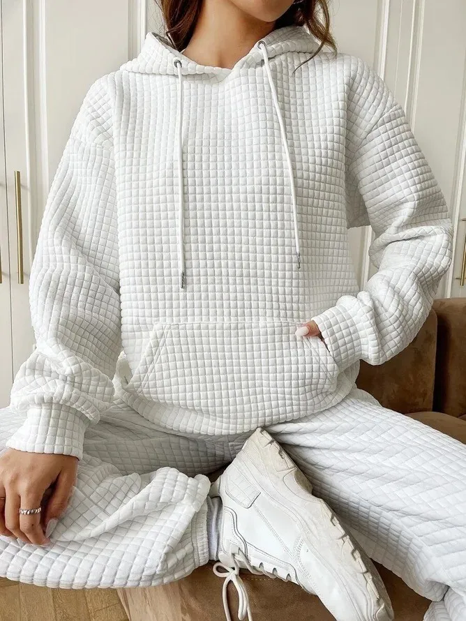 Women's Winter Thick Waffle Knit Solid Color Round Neck Pocket Sweatshirt Hip Length Crinkled Hoodie Women's Hoodies And