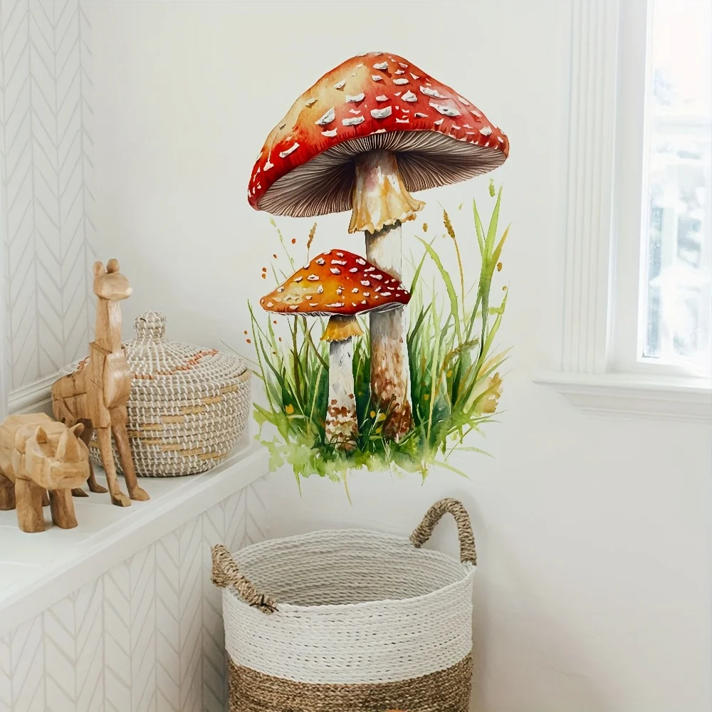 1Pc Rural Pastoral Mushroom Green Grass Wall Sticker, Pvc Wall Decoration for Home Decor, Suitable for Glass, Tiles, Bathroom, Dining Room, Living Room, Bedroom, Doors and Windows, and Wall Decals, Cute and Attractive Stickers That Are Practical and Easy to Create a Cozy Space