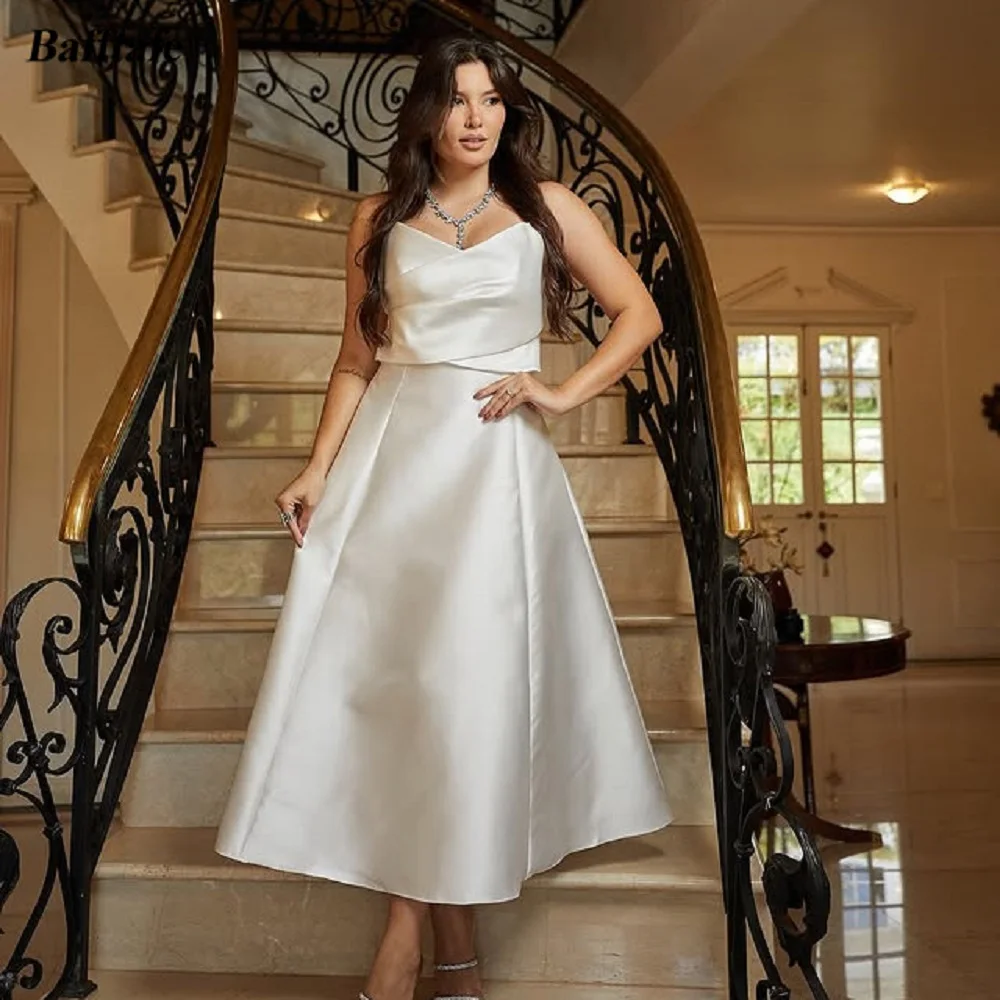 

Bafftafe Ivory A Line Satin Short Prom Party Dresses Customized Tea-Length Formal Evening Gowns Women Wedding Dress Party Outfit
