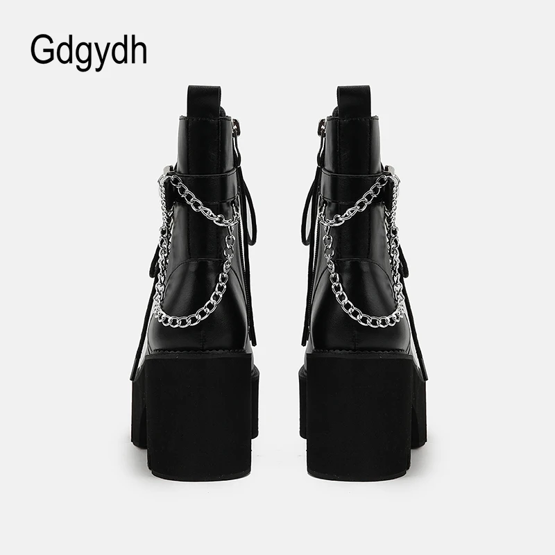 Gdgydh Women Combat Boots Lace Up Black Platform Waterproof Chunky Heels Chain Studded Gothic Ankle Boots Buckle Strap and Zip