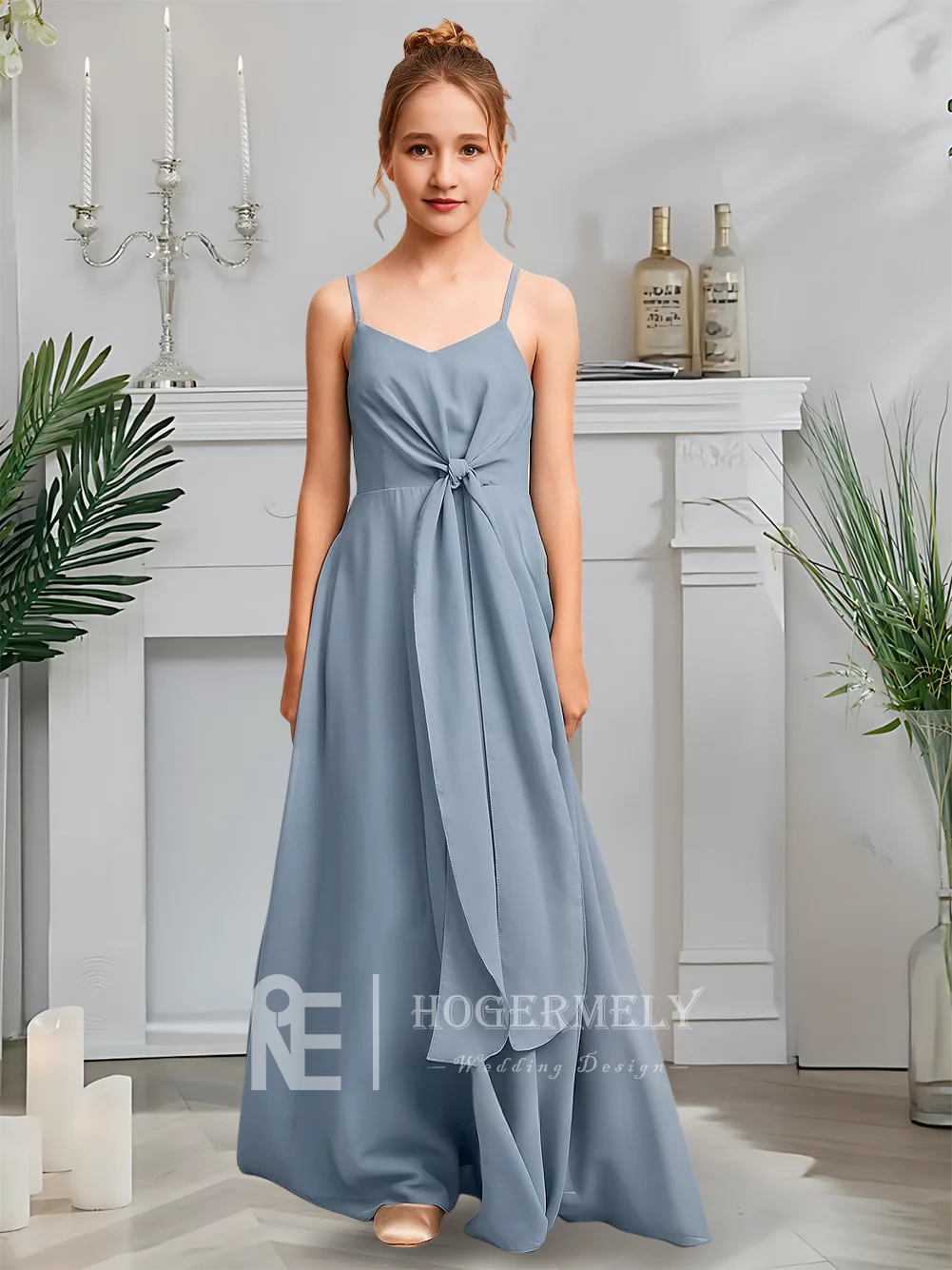 Luxuriöses Junior-Brautjungfernkleid mit V-Ausschnitt, Twilight Blue, Blumenmädchenkleid, A-Linie, Chiffon, bodenlang, für Garten, Gala, Hochzeit, Party