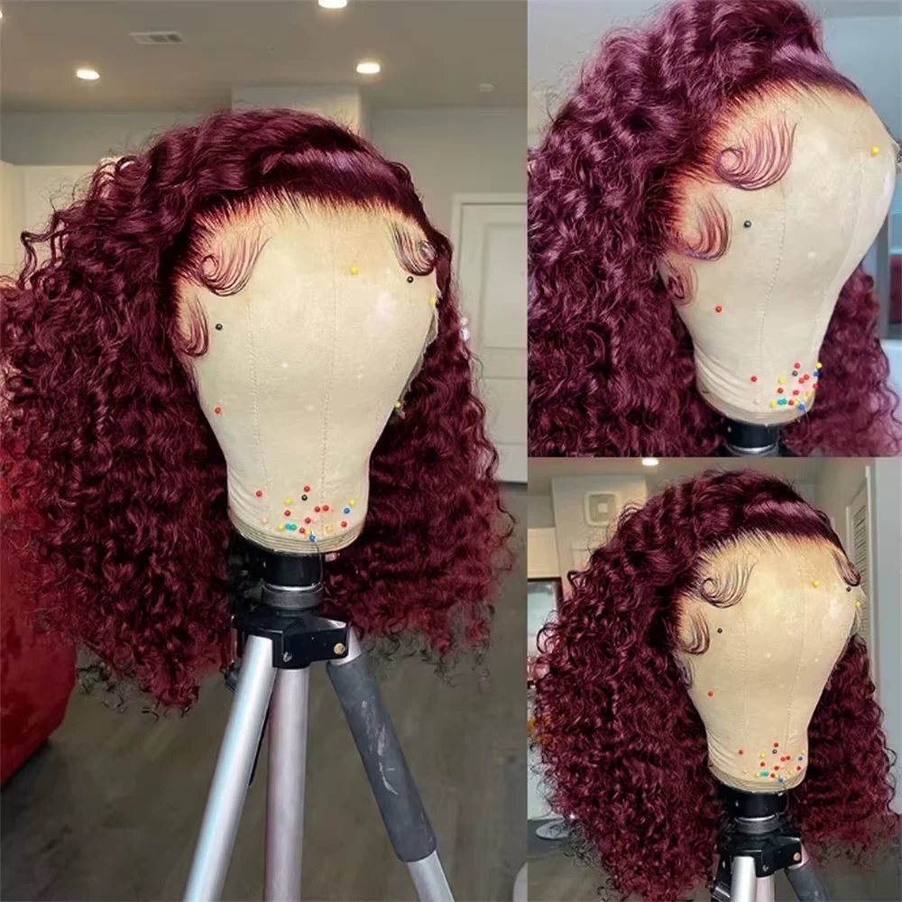 13x4 Lace Frontal Wig Short Bob Kinky Curly Wig Brazilian 99J Deep Water Wave Bob Burgundy Lace Front Wigs Bob 100% Human Hair