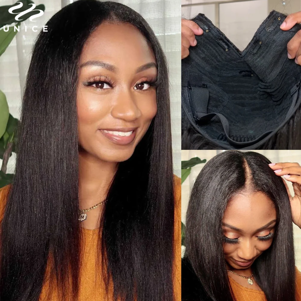 UNice Yaki Straight V Part Wig Human Hair Clip-in Upgrade U Part Wigs Beginner Friendly Easy Blend Human Hair Wigs 150% Density