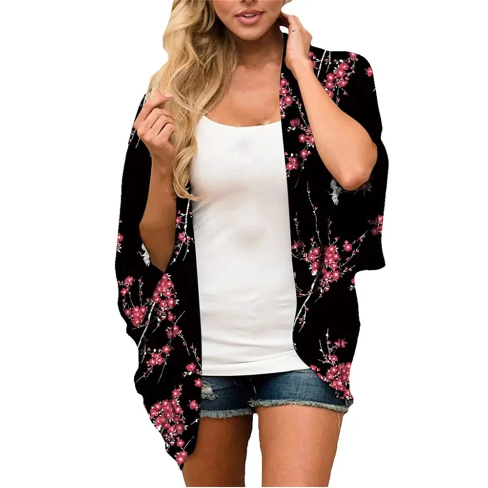 Women'S Floral Print Puff Sleeve Kimono Cardigan Loose Cover Up Casual Blouse Tops Bikini Cover Up Beach Dress Luxury Beach 2023