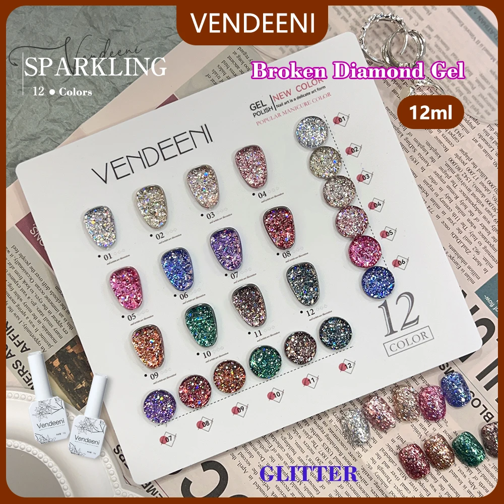 

Vendeeni 12 Colors Broken Diamond Gel Nail Polish Soak Off UV LED Sparkling Sequins Gel Nail Varnishes For Nail Art Design 12ml