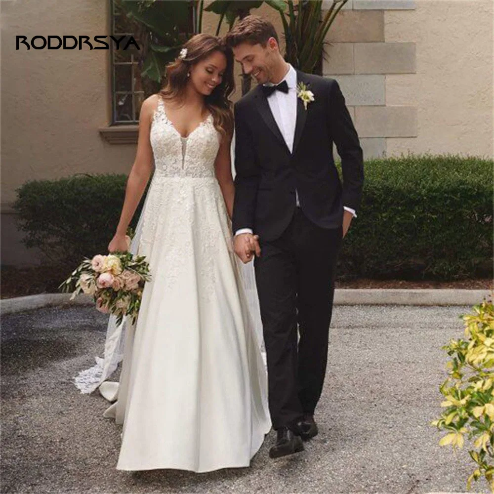 RODDRSYA-vestidos De novia De encaje con escote corazón para mujer, ropa De novia con apliques, botones, sin espalda, 2023