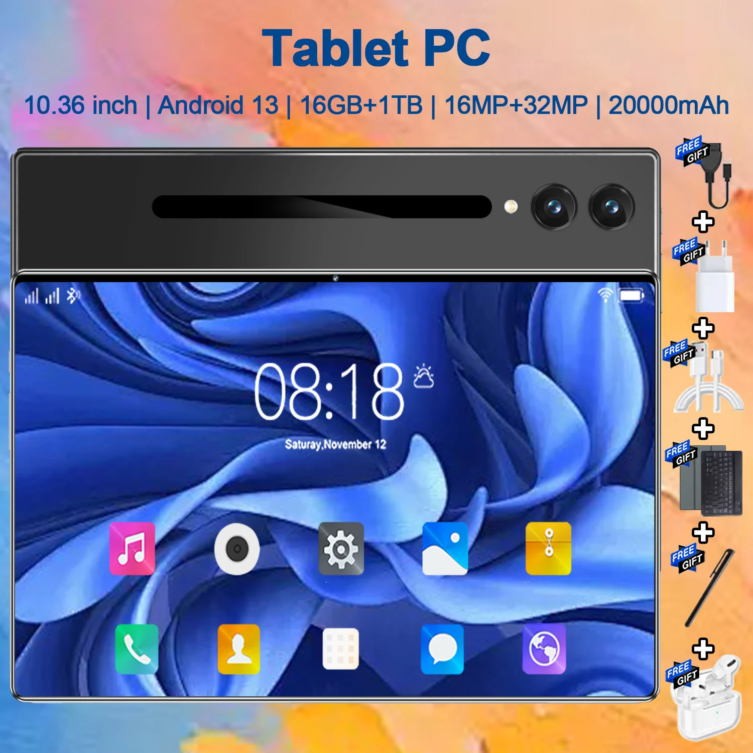 Tablet Android 5G 2026 de 10.36 Pulgadas, 14 Núcleos, Android 13, 16MP+32MP, 16GB RAM, 1TB ROM, Google Play, 4K HD, Bluetooth, WPS, WIFI, 20000mAh