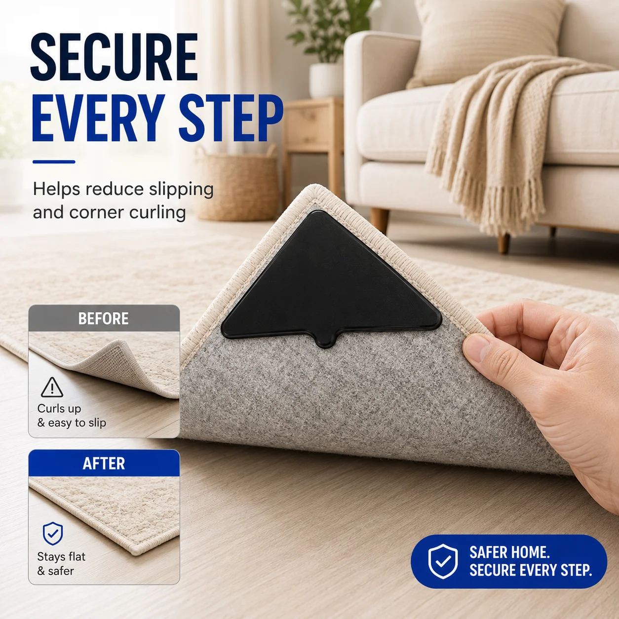 4PCS Black Rug Grippers for Corners, Washable Reusable Carpet Anti Slip Stickers, U Shape Rug Tape Pads for Hardwood Floor Tile