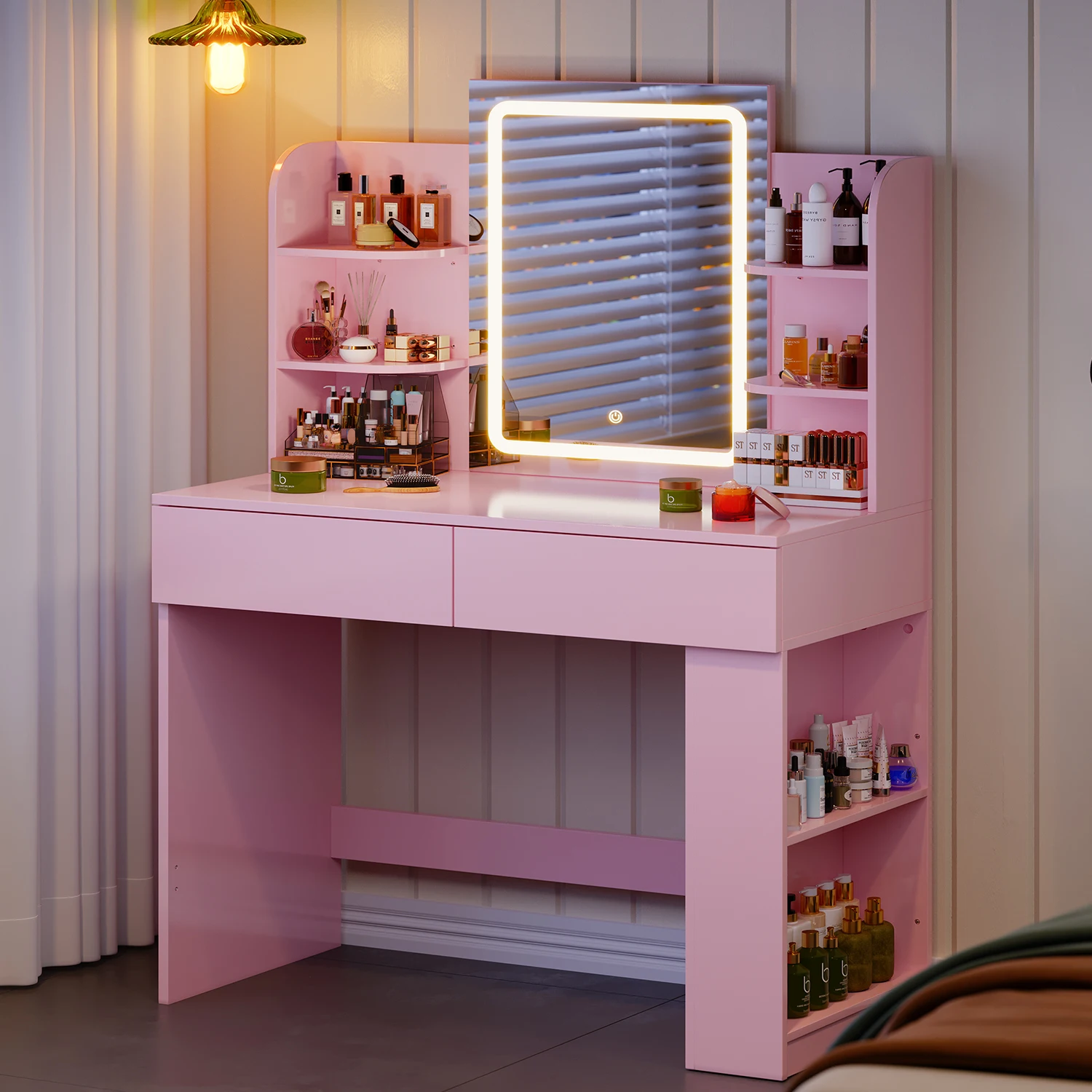 Homall Kaptafel met LED-spiegel en kruk, verstelbare helderheid, 90x40x135cm, make-uptafel met 2 grote laden