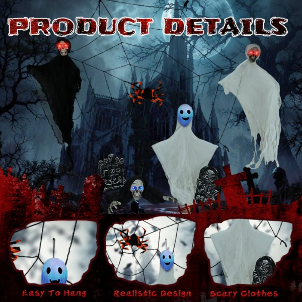 

Halloween Decorations kit Hanging Ghosts Decor and Cobweb and Gravestone Lighted Up Eyes Swinging Ghost Flying for Yard Patio