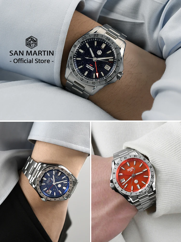 San Martin 39mm Aventurine Gemstone Dial Luxury Men\'s Watch NH34 GMT Automatic Mechanical Sapphire Waterproof Luminous SN0129