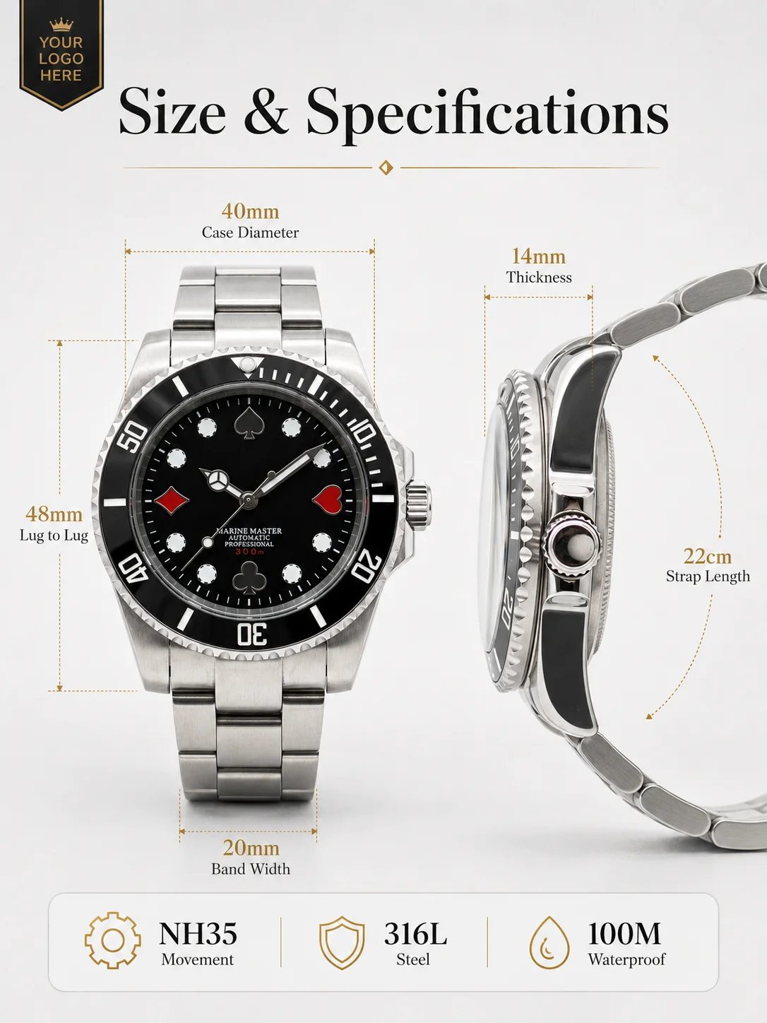Automatikuhr mit Eigenem Logo NH35 für Herren 40mm Saphirglas 316L Edelstahl Taucherstil Mechanische Armbanduhr 100M Wasserdicht – Detail 6
