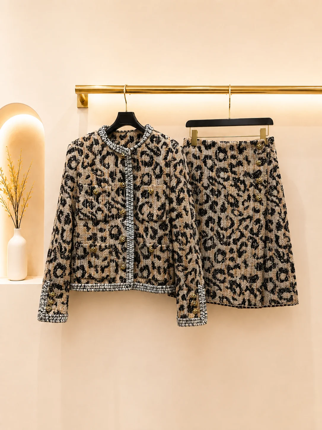2026 Women Tweed Two Piece Set Leopard Wool Blend Trim Jacket High Waist A‑Line Midi Skirt Carved Buttons