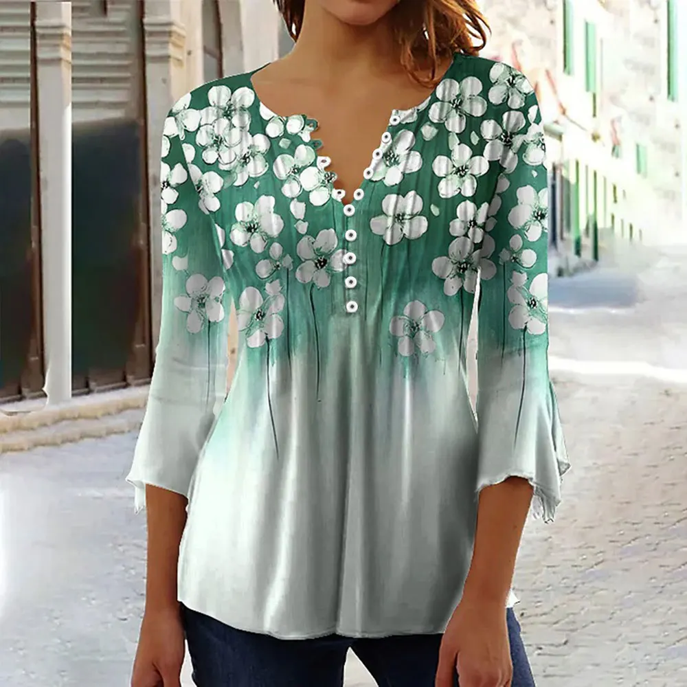 Women Graphical Print Shirts Spring Summer 3/4 Sleeve V Neck Buttons Blouse Ladies Long Sleeve Tops For Daily Tunic Vintage Tees