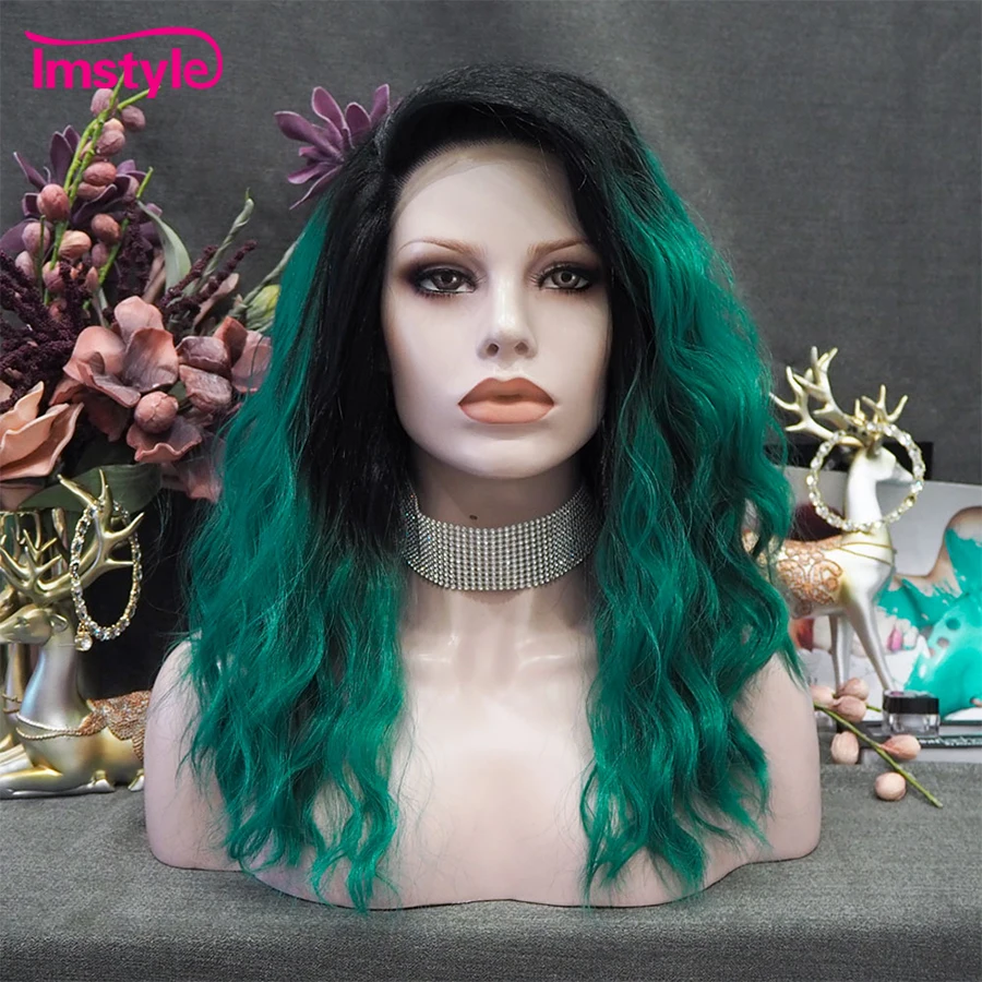 Imstyle Green Wig Synthetic Lace Front Wig Dark Root Heat Resistant Fiber Natural Wavy Cosplay Wigs For Women