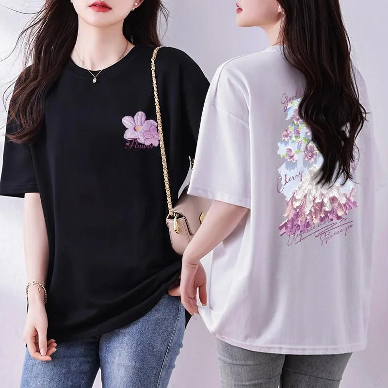 Big-size original front-rear print loose pure cotton half-sleeved tea self-made TS2555