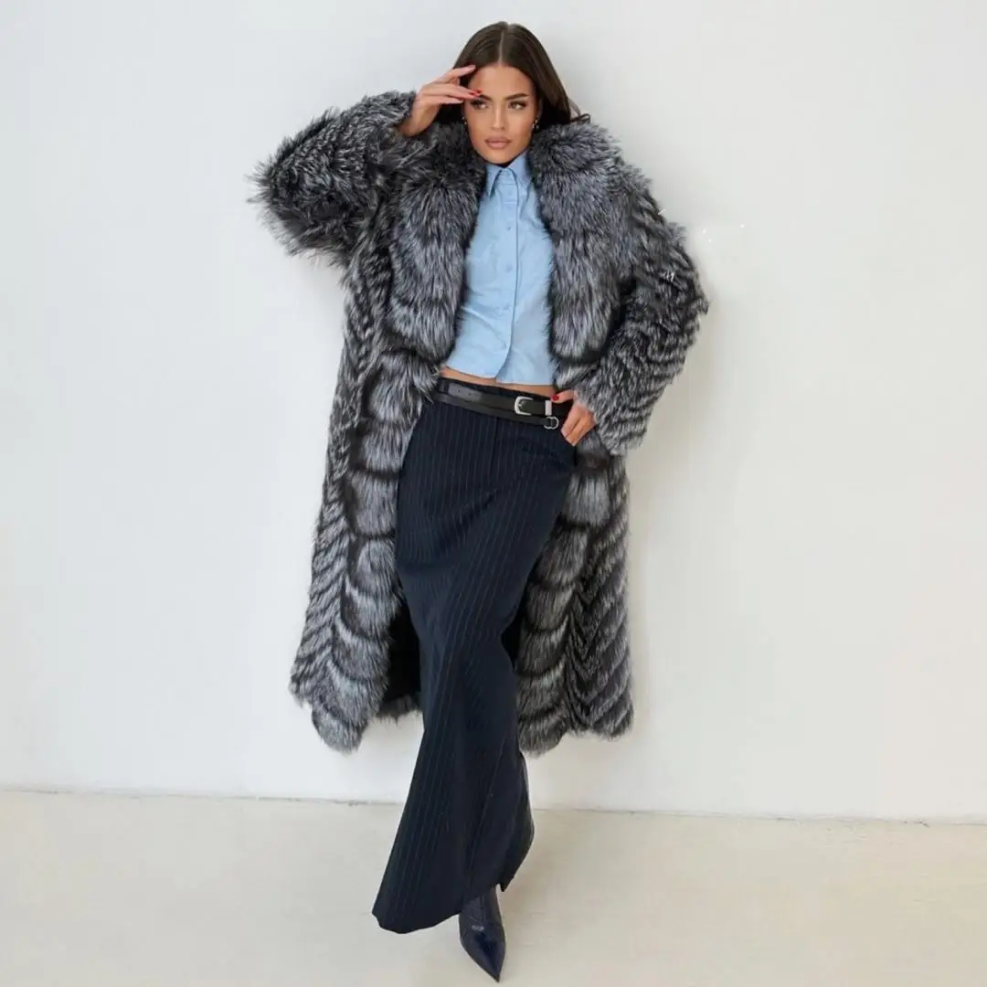 125cm X-long Natural Silver Fox Fur Coat with Big Turn-down Collar Winter Fashion High Quality Full Pelt Genuine Fox Fur Coats