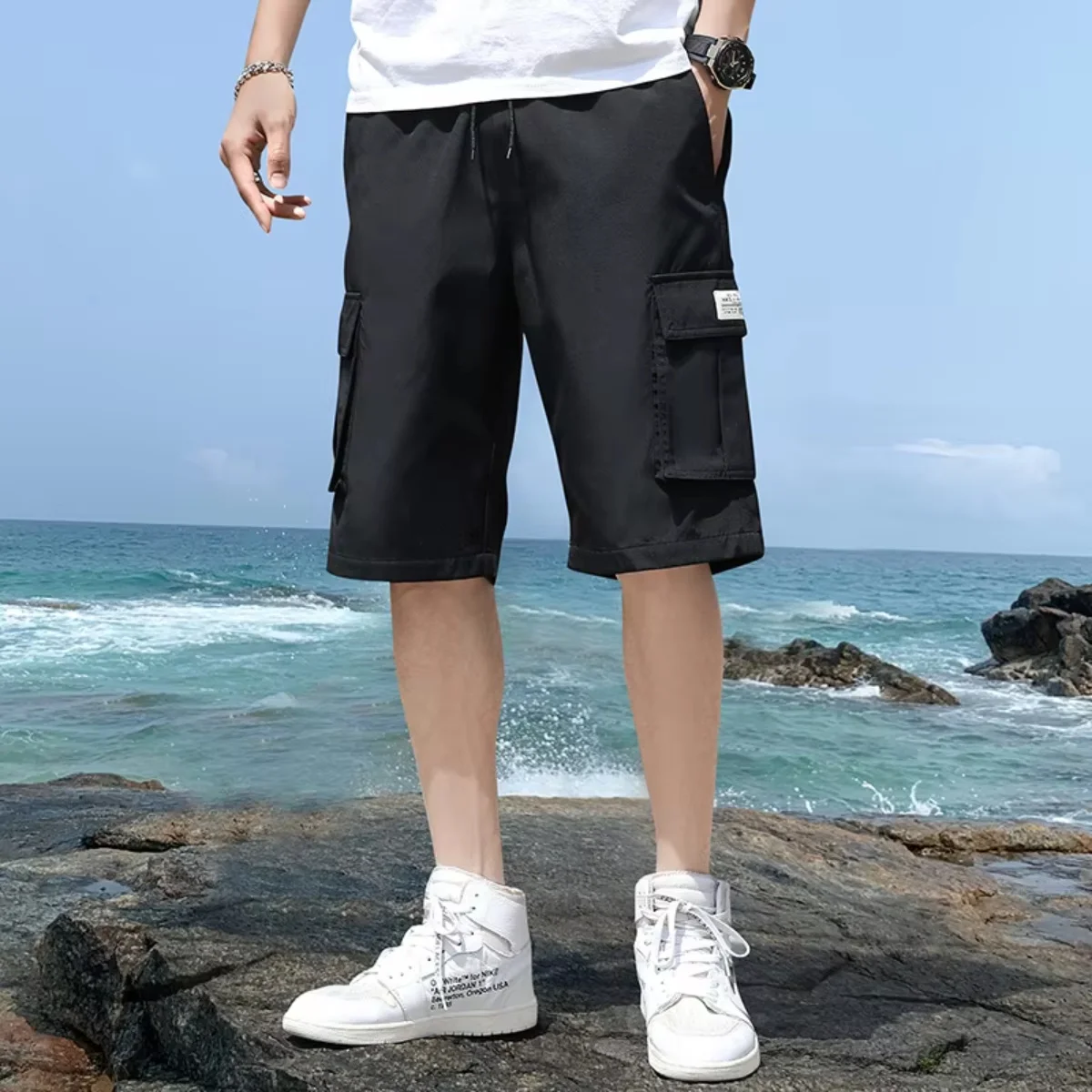 

Plus Size Summer Men Cargo Shorts Cotton Loose Fit Big Size String Banding Men Short Pants Streetwear Casual Work Bermuda Shorts