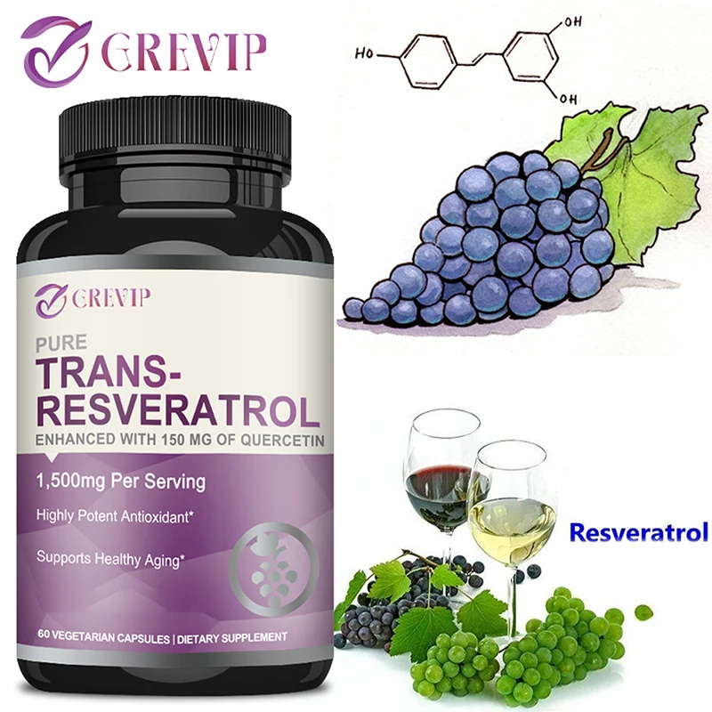 Trans-Resveratrol 1500mg - Supports Brain Function, Heart, Skin Health, Anti-aging, Antioxidant - 60 Capsules