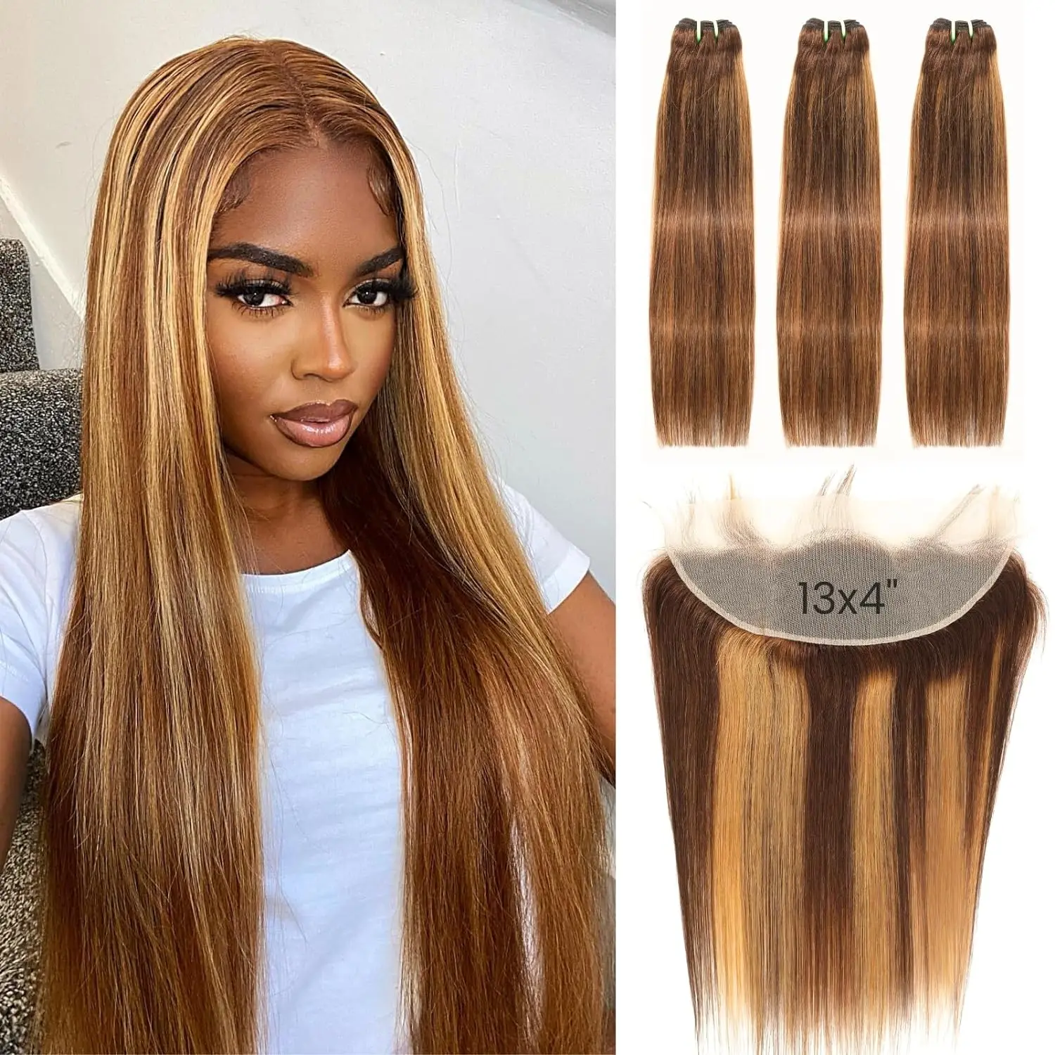 

Bundles With Closure Brazilian Straight Hair 3 Bundles With 13x4 HD Closure Free Part Virgin Remy Hair P4-27 Highlight Bundles