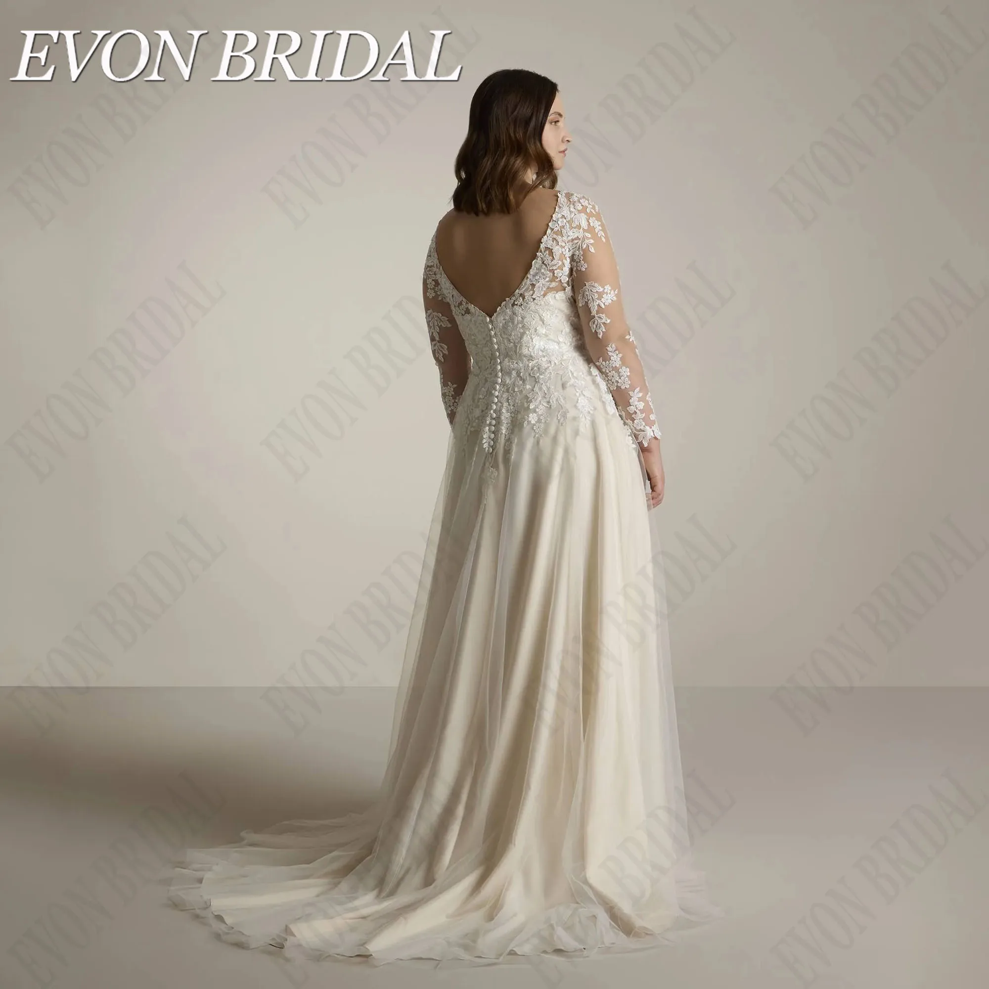 EVON BRIDAL Elegante A-lijn trouwjurk lange mouwen kant bruidsjurken Plus size vestidos De Novia V-hals applique rugloosEVON BRIDAL Elegante A-Lijn Bruidsjurk Lange Mouwen Kant Bruidsjurken Plus Size Vestidos De Novia