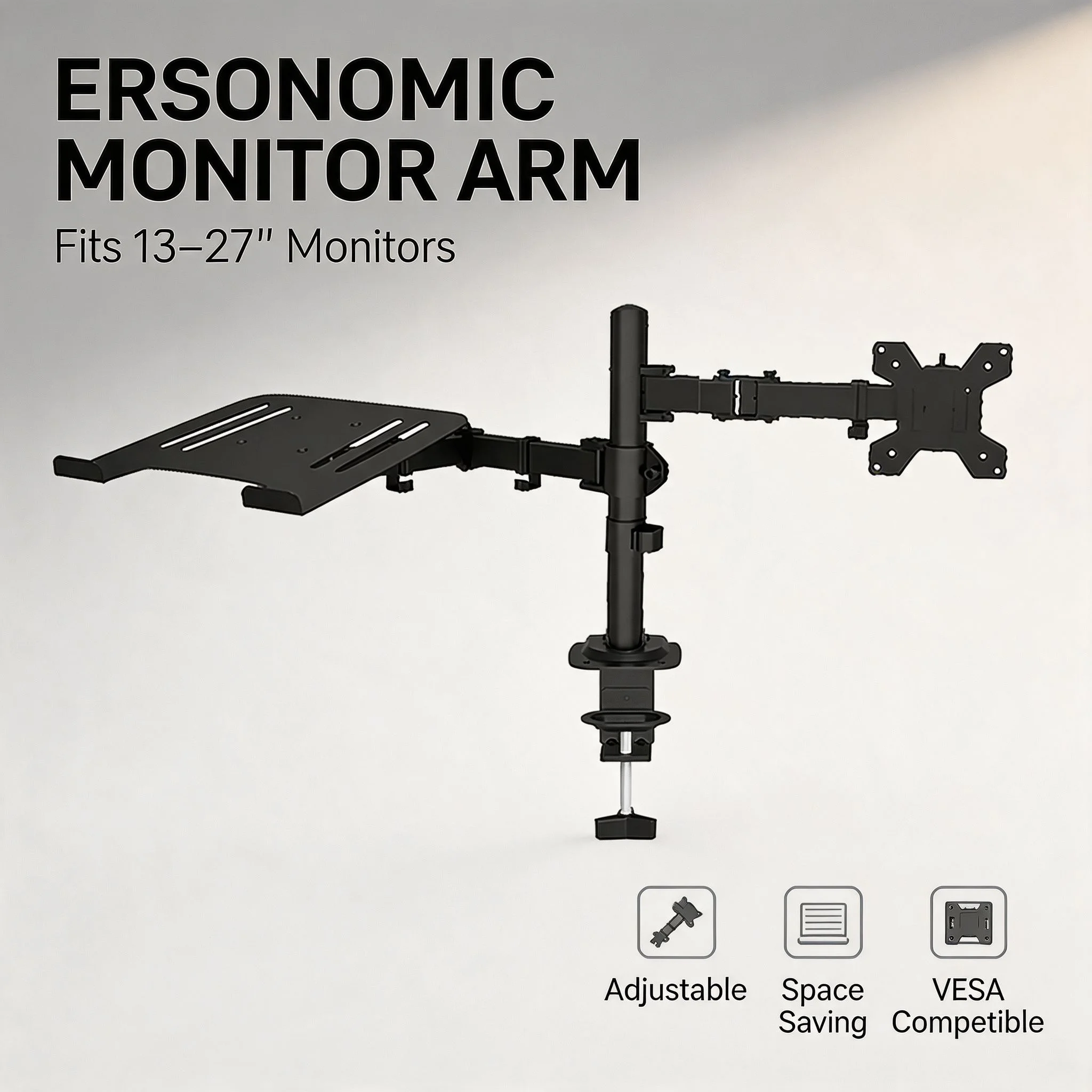 Support de moniteur ergonomique pour bureau, écran LCD de 13 à 27 pouces, support pour ordinateur portable, montage VESA, support d'ordinateur réglable avec gestion des câbles