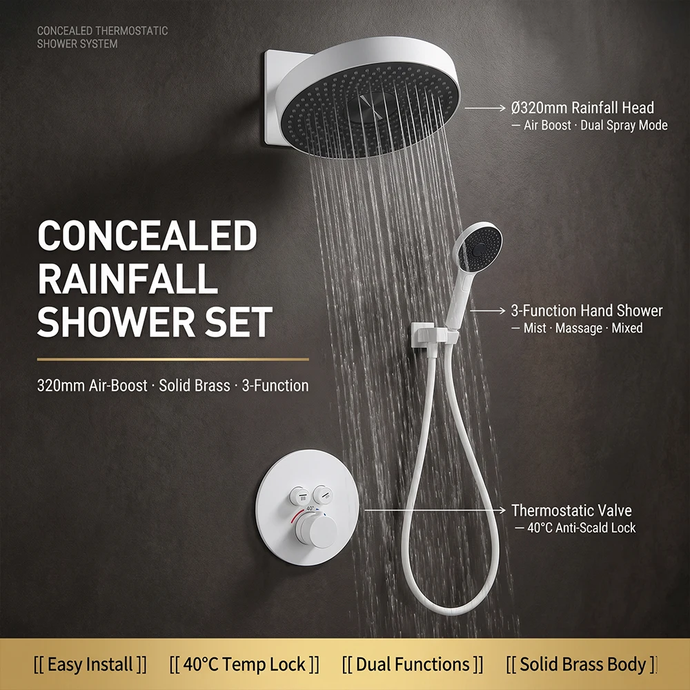 Concealed Thermostatic Shower System 320mm Rainfall Solid Brass Wall Mounted Anti-Scald 3-Function Hand Shower Bathroom Set