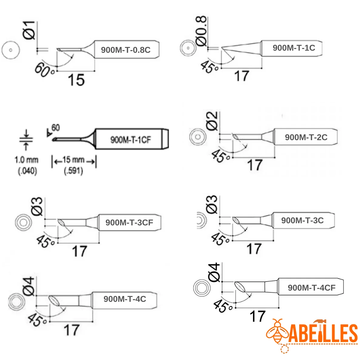 Copper-Iron Alloy Soldering Tips 900M-T-0.8C 900M-T-1C 900M-T-1CF 900M-T-2C 900M-T-3CF 900M-T-3C 900M-T-4C 900M-T-4CF