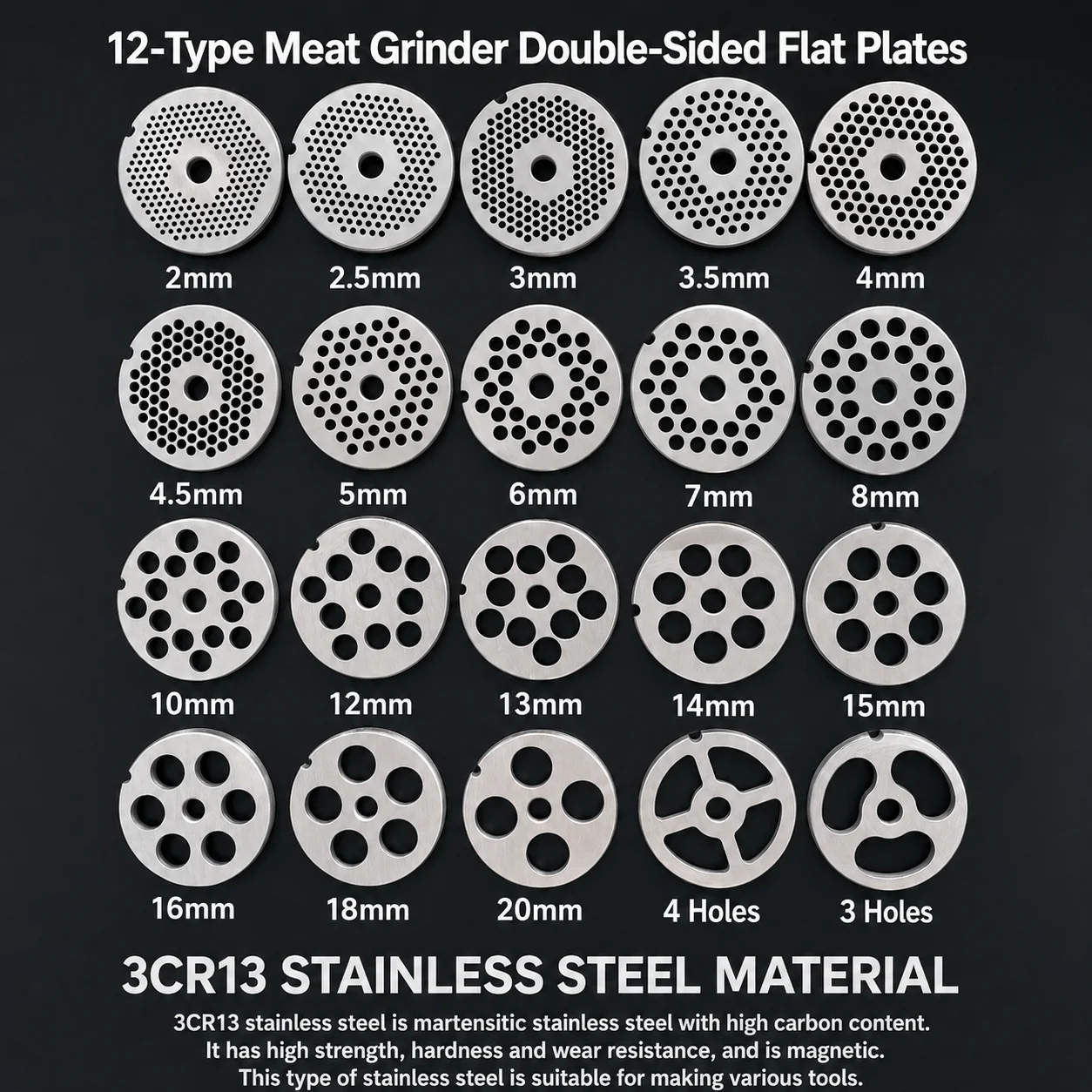 #12 Type Manganese Steel Meat Grinder Plate 3-18mm Knife for Mixer Food Chopper - Food Grade Material