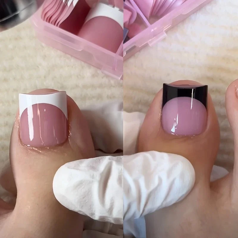 30 pièces pointes d'ongles carrées été français dégradé faux ongles d'orteil portable court carré pied ongles ensemble presse sur ongles