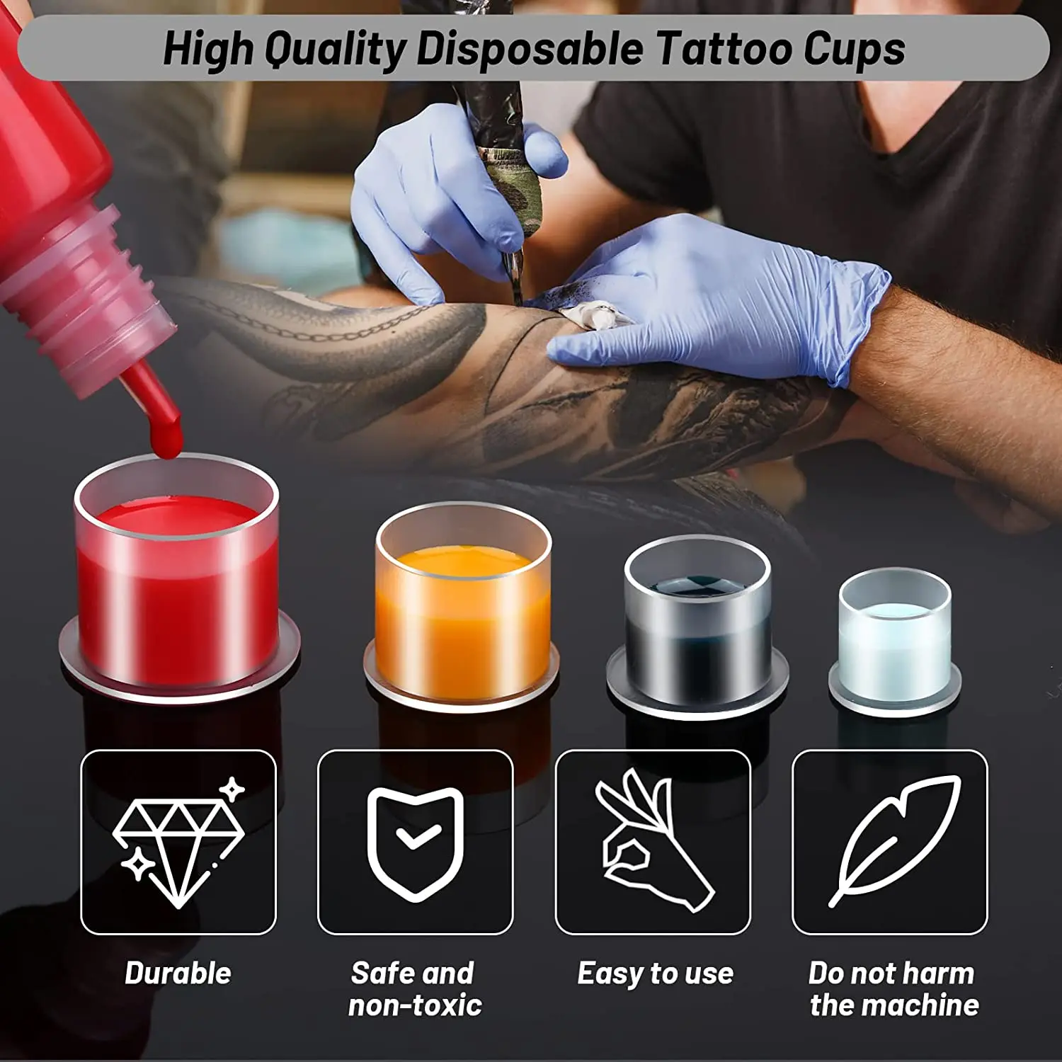 100Pcs Wegwerp Tattoo Inkt Cups Caps Permanente Make-Up Pigment Zelf Staande Plastic Inkt Container Cap Tattoo Accessoires