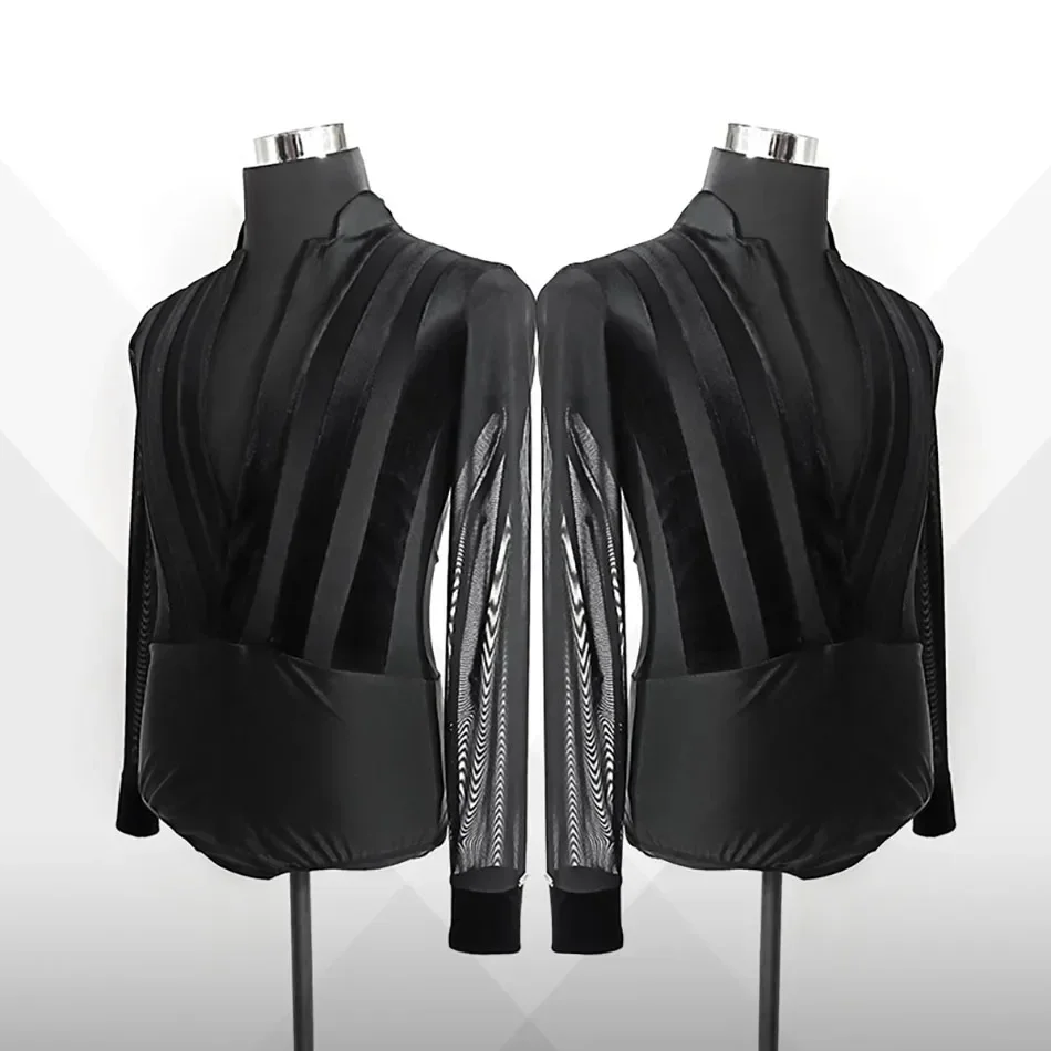 Vêtements d'entraînement à col en V pour hommes, vêtements de danse en maille pour hommes, costume de batterie de danse latine, vêtements de valse de salle de Rhà rayures, performance moderne