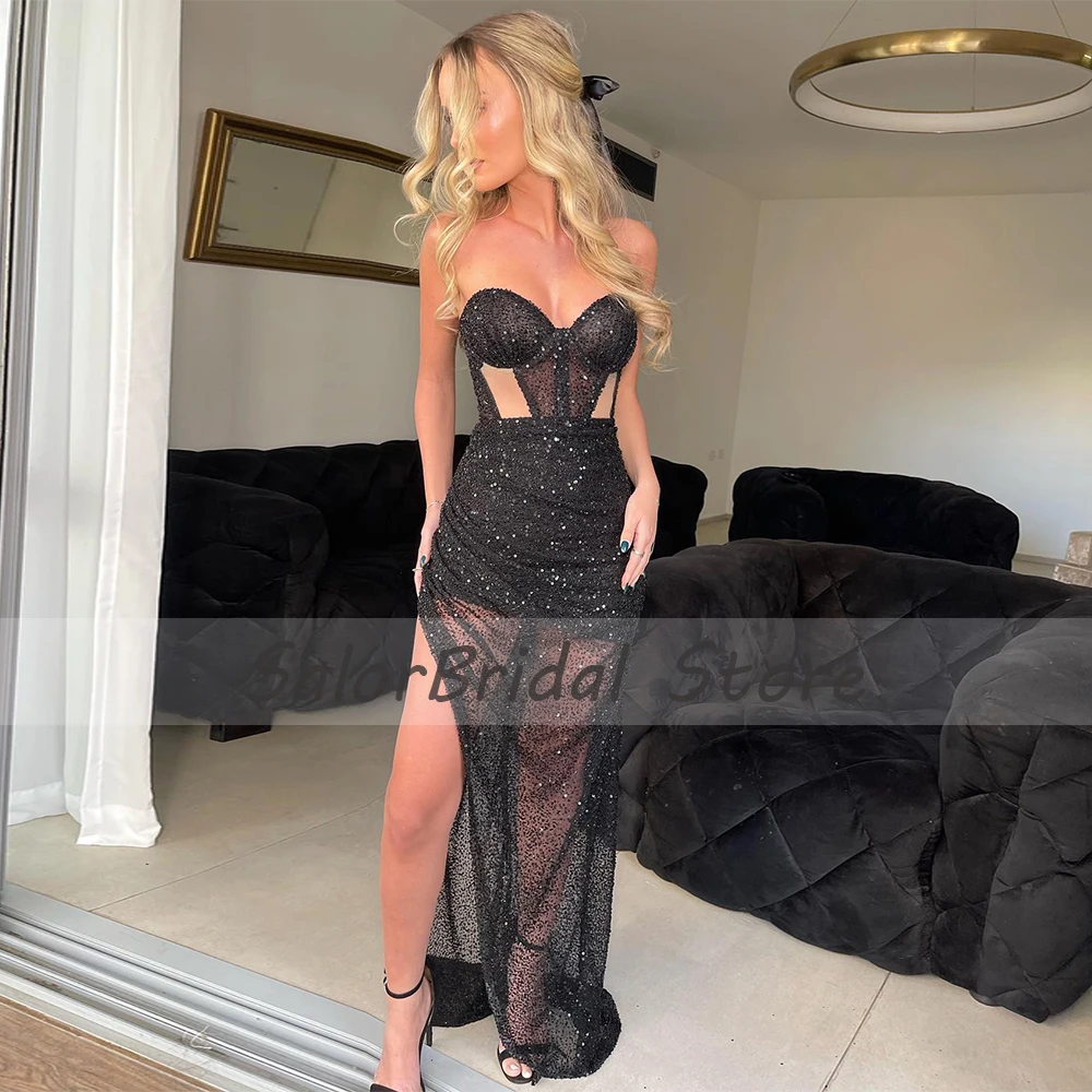 Luxury Evening Dress for Women 2023 Black Glitter Mermaid Evening Gown Long Cut-out Sweetheart Side Slit Beaded Sexy Party Dress