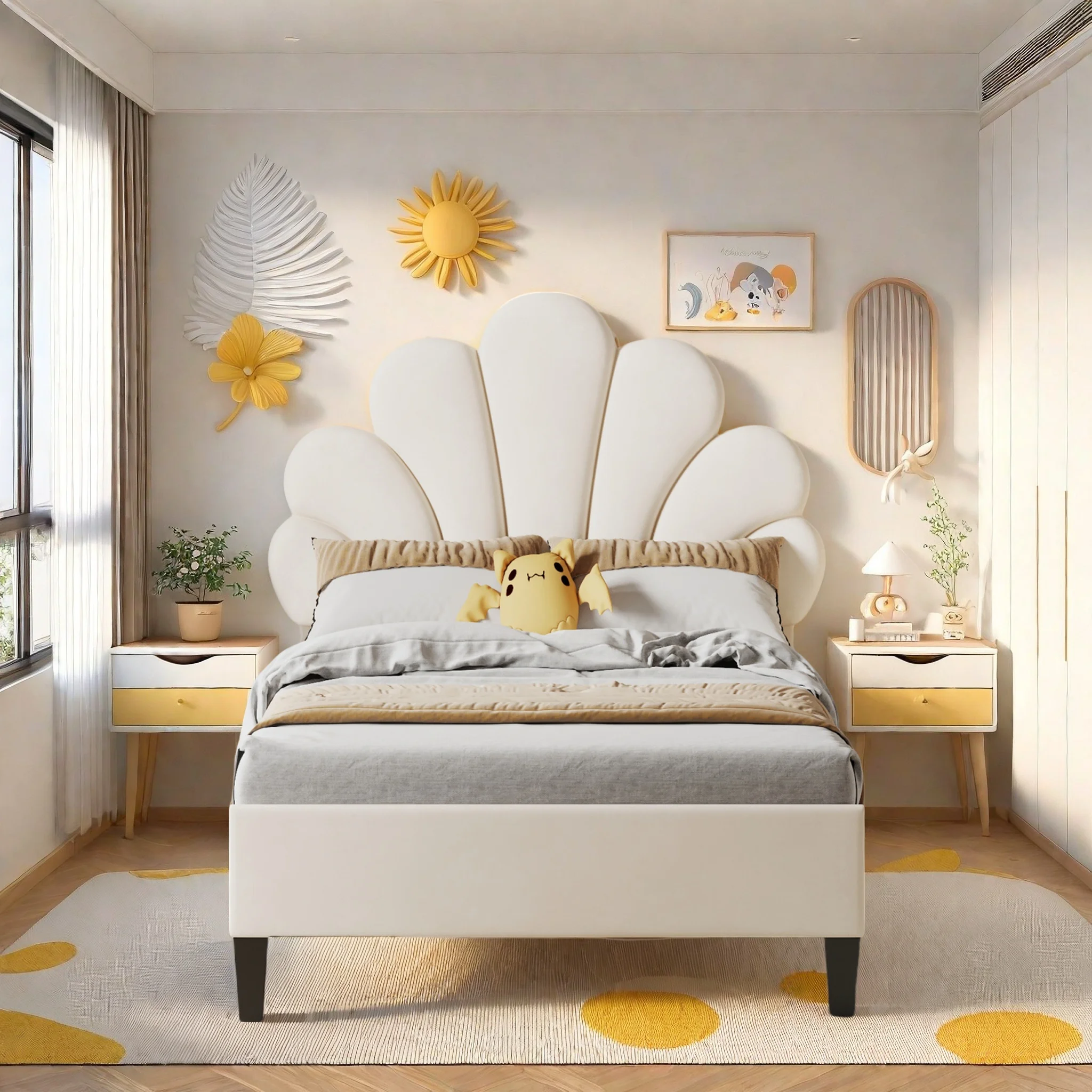 Rosahqnda cama infantil de solteiro, 90x200cm, coroa de flores, cama estofada, cabeceira em nuvem, tecido de veludo, cama de meninas sem colchão