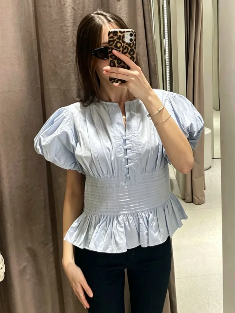 Ladies Chiffon Blouse Shirt Women Split Neck Single Breasted Puff Sleeve Ruffle Hem Top Elegant Casual Chic Summer Outfits Women