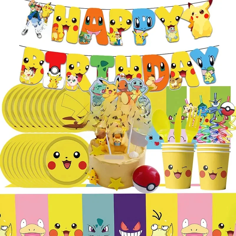 Ensemble de décoration d'anniversaire Pokemon, ballons Pikachu, assiettes, serviettes, tasses, nappe, bannière, décor d'arrière-plan pour garçons, fournitures de fête pour enfants