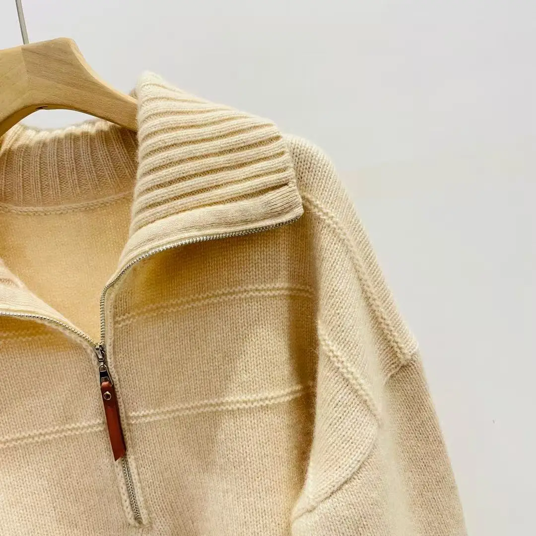 Elegant graceful half-open zipper pure cashmere sweater