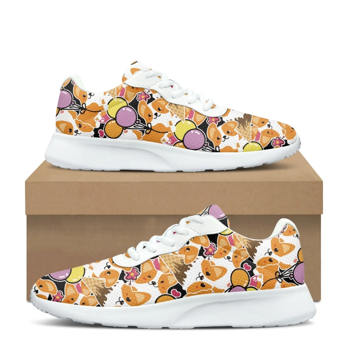 

Cartoon Corgi Balloon Print knitting Breathable Soft Women Flats Cozy Shock Absorbing Non-slip Ladies Sneaker For Outdoor Travel