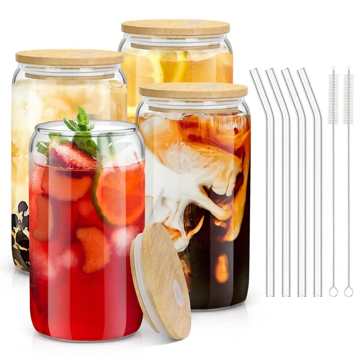 4 Pcs Glass Cups With Bamboo Lids And Straws,16 Oz Glass Tumbler With Straw And Lid, Ice Coffee Glasses Cute Tumbler Cup Great For Soda Boba Tea Cocktail Include 2 Cleaning Brushes