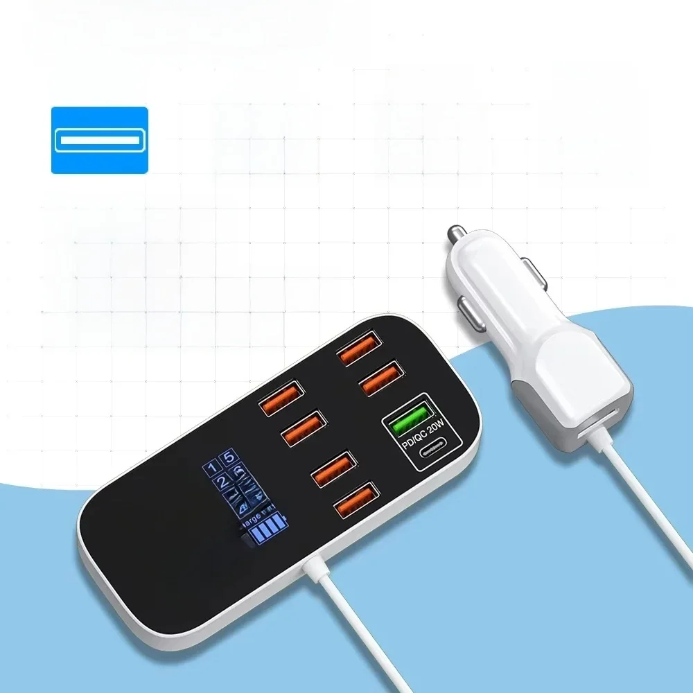 40 W 8 Ports USB-Autoladegerät QC3.0 PD Typ C Schnellladegerät mit LED-Anzeige Multi-USB-Ladegerät für iPhone 14 Android Samsung