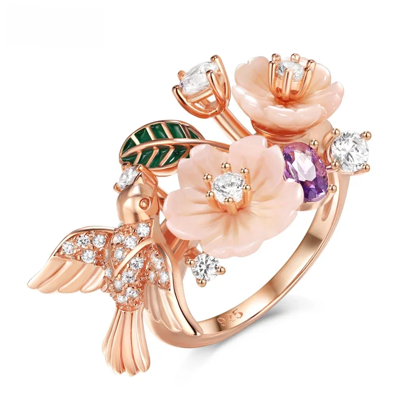 Laya 925 Sterling Silver Summer Hot Style Luksusowa biżuteria Wysokiej jakości cyrkonia Naturalna muszla Kwiat Liść Emalia Pierścionek dla kobiet — zdjęcie 2