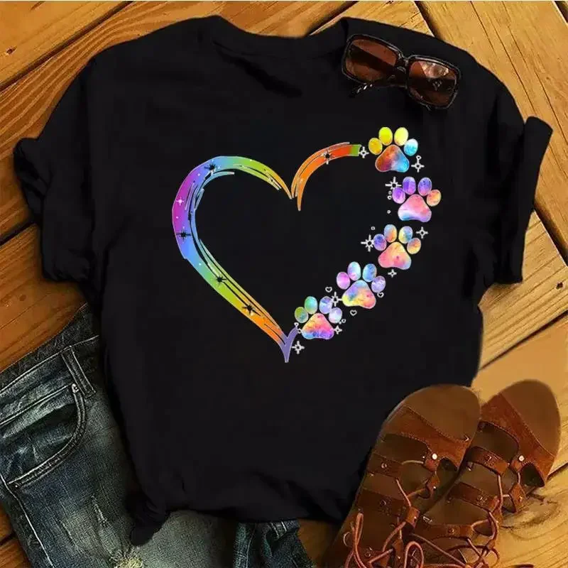 Cartoon Colorful Heart Dog Paw Graphic Print T Shirt 90s Fashion Casual Women Men Short Sleeve Plus Size T Shirt Unisex — zdjęcie 2