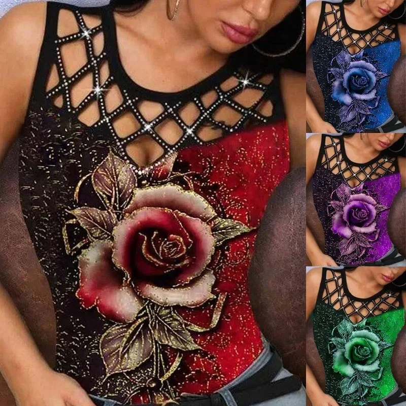 Letni damski t-shirt bezrękawnik z wcięciem wydrukowane bluzki modny okrągły dekolt bez rękawów różany kwiat wielokolorowy podkład damski — zdjęcie 2