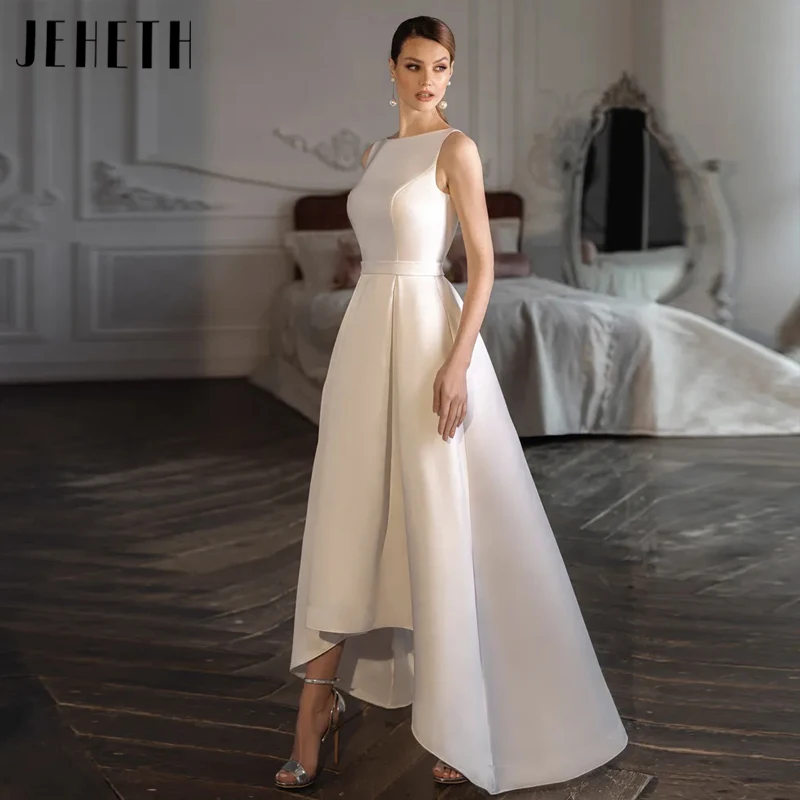 JEHETH Classic O-Neck A-Line Wedding Dresses For Women Satin Sleeveless Bridal Gowns Elegant Button Backless Vestidos De Novia