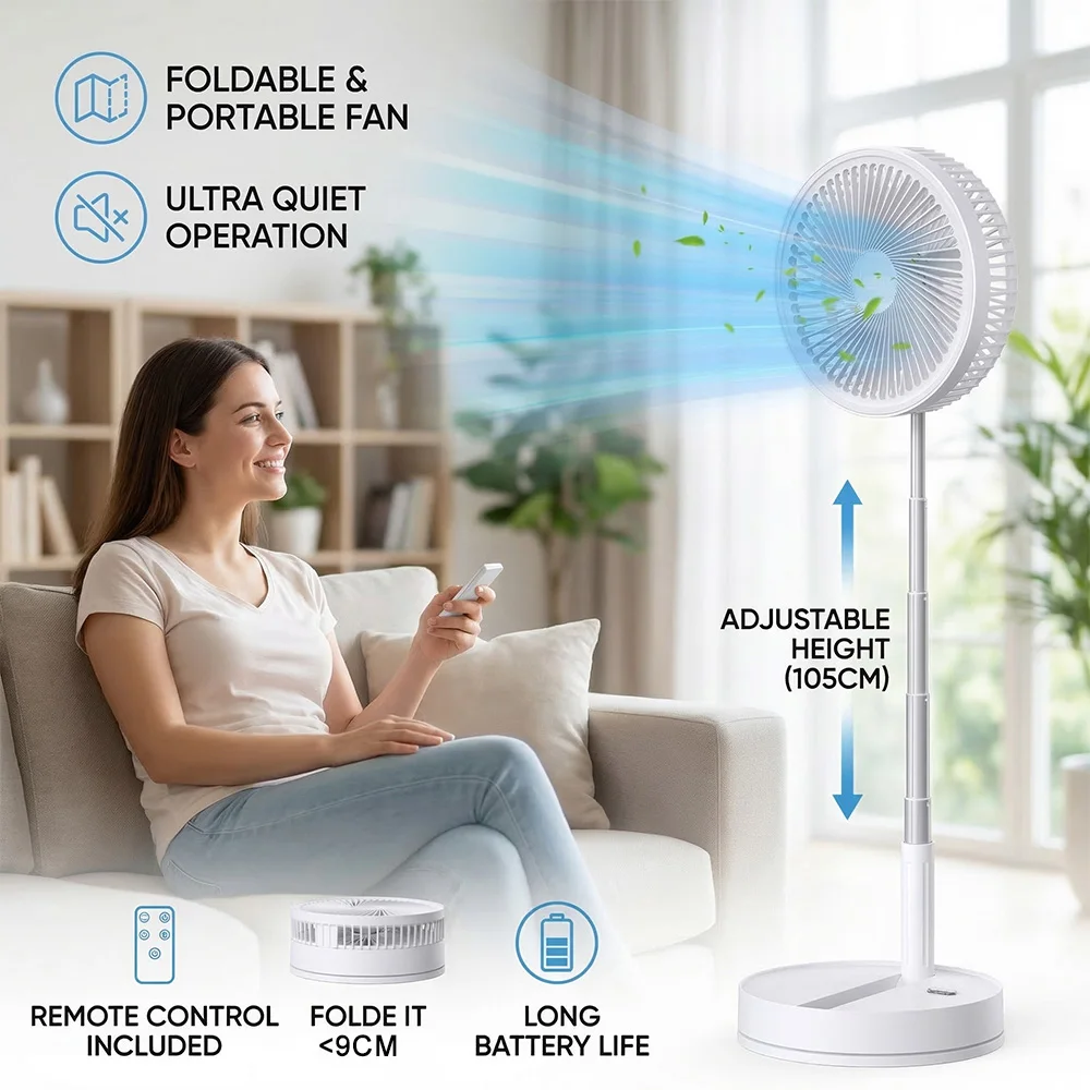 Tragbarer Faltventilator, 8000 mAh, wiederaufladbarer USB-Ventilator mit Fernbedienung, Timer, 4 Geschwindigkeitsstufen, verstellbare Winkelhöhe, geräuscharmer Kühlventilator für Zuhause, Büro,