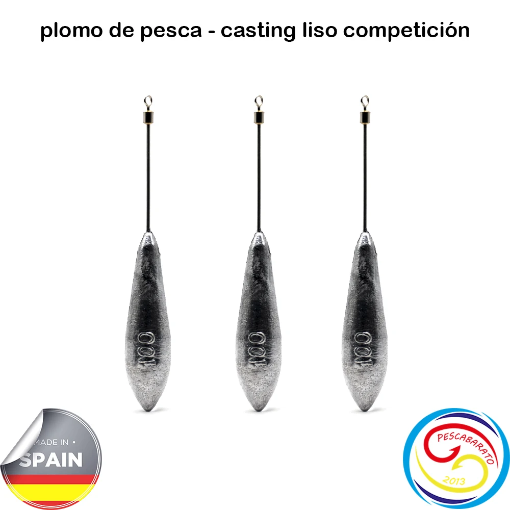 Plomo casting liso competición, especial para surfcasting, lote de 10 unidades por medidas. Medidas: 60g, 80g, 90g, 100g, 113g, 120g, 130g, 140g, 150g., con varilla de acero inoxidable de 1,5 mm.