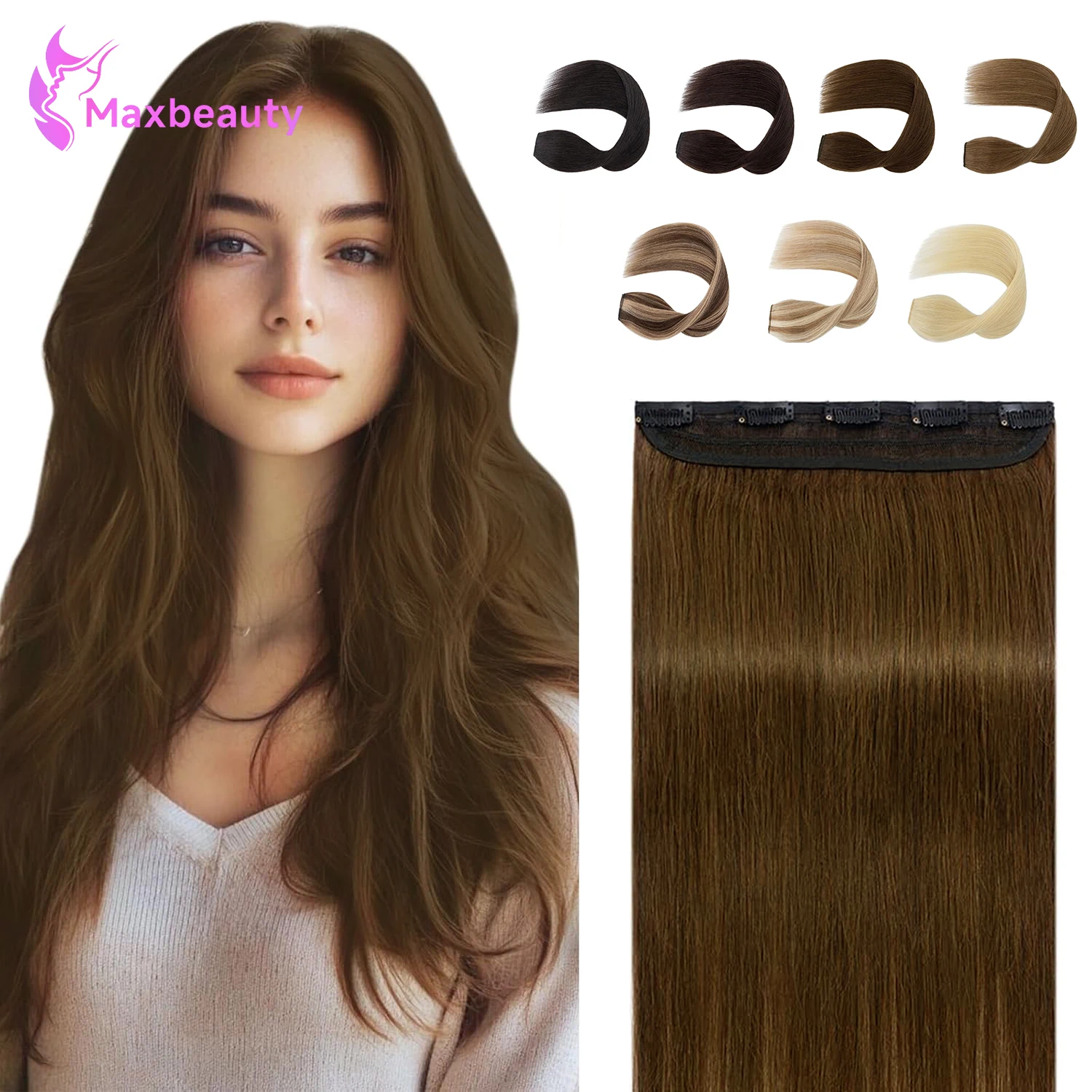 Extensiones de Cabello Humano con Clip, de una Pieza, 3/4 de Cabeza Completa, Color Castaño Medio, Liso, 100G/Pieza, Cabello Humano Brasileño