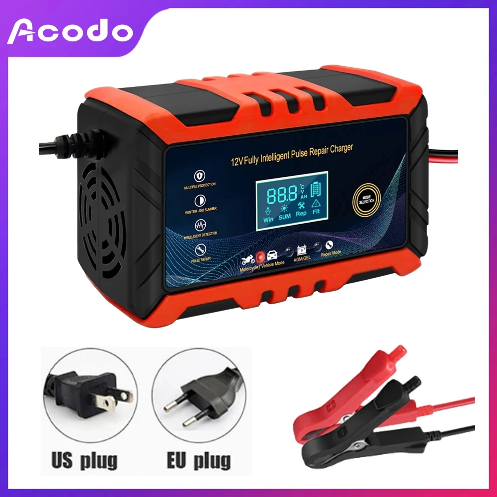 Car Battery Charger 12V Car and Motorcycle Battery Charging Device LCD Display Lead-acid Battery Smart Repair