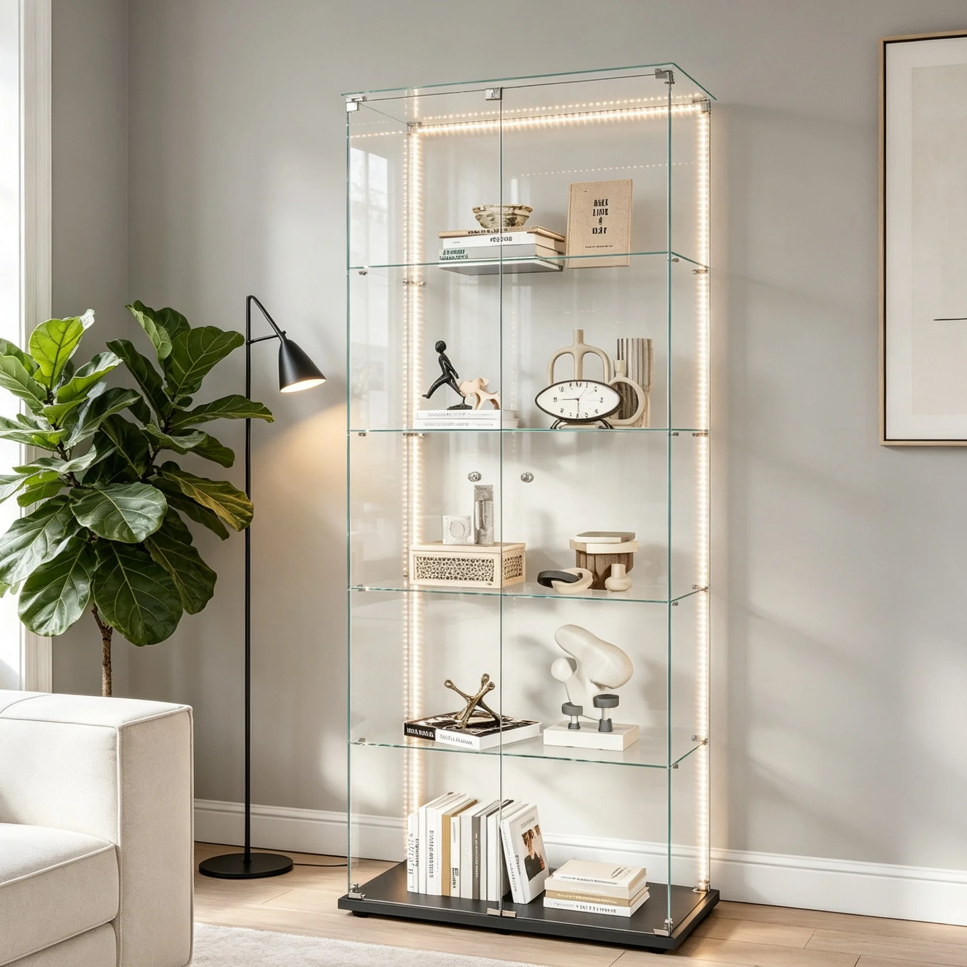 Vitrine en verre Simurq à 2 portes, vitrine en verre sur pied, vitrine en verre et bois à 5 niveaux avec serrure, vitrine de collection pour salon, chambre à coucher, bureau, noir
